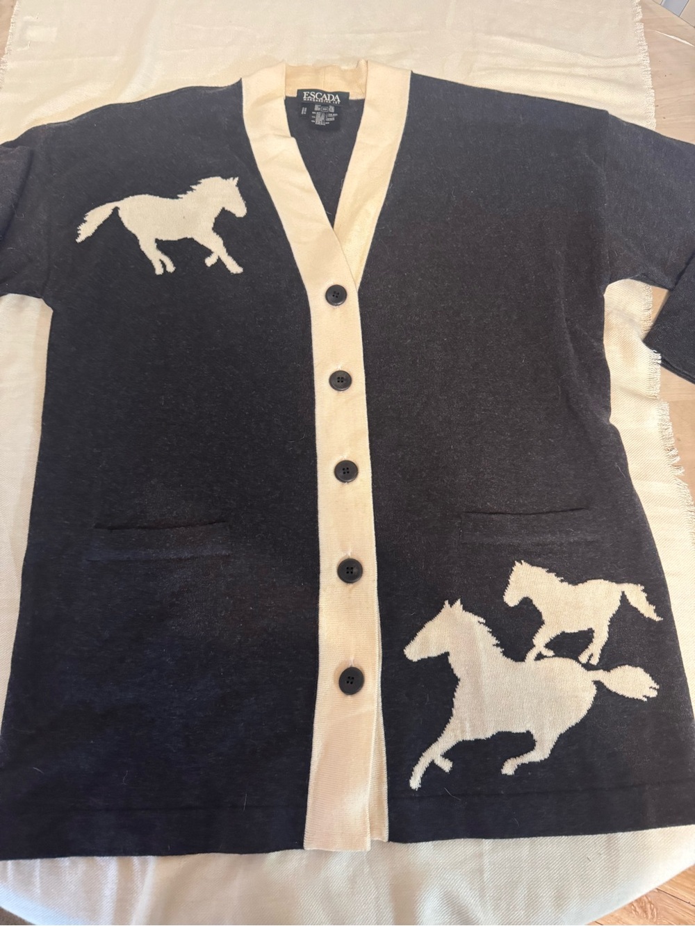 Escada Black Cardigan with Cream Horse Motifs